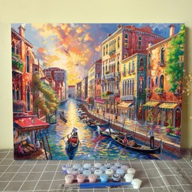 Venice Landscape Paint By Numbers for Adults Boat Water City View DIY Paint by Numbers Acrylic Paint Canvas Colorful Buildings Sunset Scenery Painting Kits Art 16x20 Inch（without Frame）