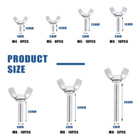 OCR 62 Pcs 7 Sizes Wing Screws Assortment Kit, Stainless Steel Butterfly Screws Thumb Screws Mounting Hardware Fitting Fastenings, M4 M5 M6 Metric Wing Bolt