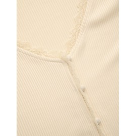 CIDER Women’s Bell Sleeve Tops V Neck Lace Trim Crop Top: Cream, M: Cream, M