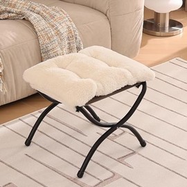 Welnow Folding Foot Stool, Upholstered Small Accent Ottoman with Detachable Thick Cotton Cushion Padded Sofa Stool and Metal Frame for Lazy Chair, Living Room, Bedroom, Plush Beige