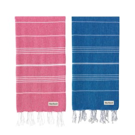 Blue Beach 2 Set Turkish Beach Towels - 100x180cm Large Turkish Hammam Peshtemal Towel - Super Absorbent, Quick Dry, Lightweight, Compact for Swimming, Bath, Gym, Sauna and Travel (Blue + Fuschia)
