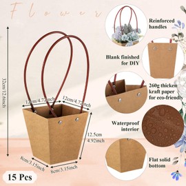 Gilprop 15 Packs Bouquet Bag Kraft Paper Flower Gift Bags with Handle Brown Bouquet Bag Box with Waterproof Lining for Birthday Wedding Party Favors (12.5 x 4.9 x 3.1 Inch)