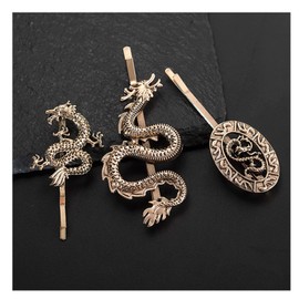 Dragon Pin Gold Dragon Hair Accessories for Girls and Women - Hair Barrettes, Bobby Pins, and Chinese Clip Barrette Hairpin Set of 3