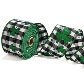 LINGMIN St Patrick's Day Ribbons 2.5" 10 Yards, Black White Plaid Wired Edge Burlap Ribbon Green Glitter Shamrock Wrapping Ribbon for St Patrick's Day Party Wrapping DIY Craft Decoration Wreaths Bow