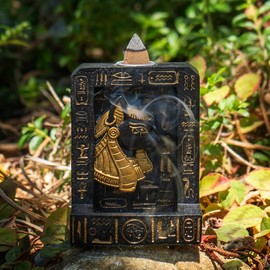 Bastet Egyptian Backflow Incense Holder, Polyresin, Black with Hieroglyphs, Hand-Painted, 10 x 7.5 x 5 cm