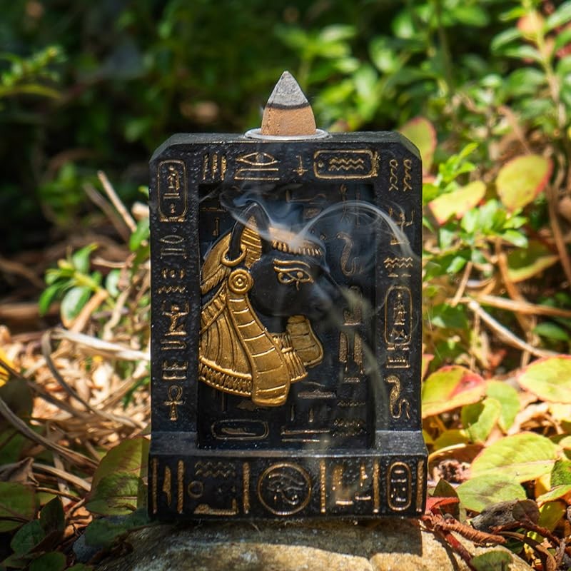 Bastet Egyptian Backflow Incense Holder, Polyresin, Black with Hieroglyphs, Hand-Painted,
