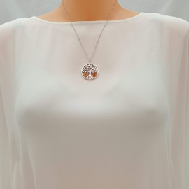 Kiara Jewellery 925 Sterling Silver Large Tree Of Life Pendant Necklace Set Upon A Disc Of Brown Amber On 18" Italian Diamond Cut Rhodium Belcher Chain.