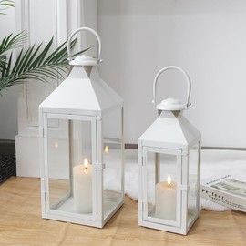 JHY DESIGN Set of 2 Cream Decorative Lanterns 17.5inch&13.5inch Metal Candle Lanterns for Indoor Outdoor Events Paritie and Weddings Vintage Style Hanging Lantern
