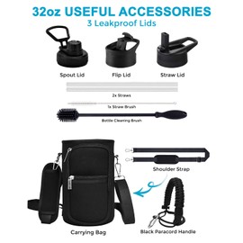 Trek Leaf Travel Water Bottle with Carrying Bag, 3 Lids (Spout, Straw, Flip), and Bottle Brush; Leak Proof, Quality, Vacuum Insulated, Stainless Steel (Charcoal Fog, 32 oz)