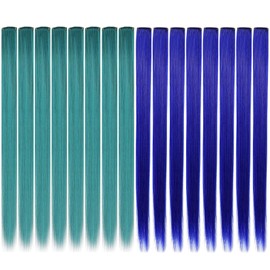 XIRRWWH 12 Pieces 21 Inch Colour Clip-In Hair Extensions Turquoise Blue Hairpieces Heat Resistant Straight Multicoloured Hair Accessories Festive Dress (Turquoise + Blue)