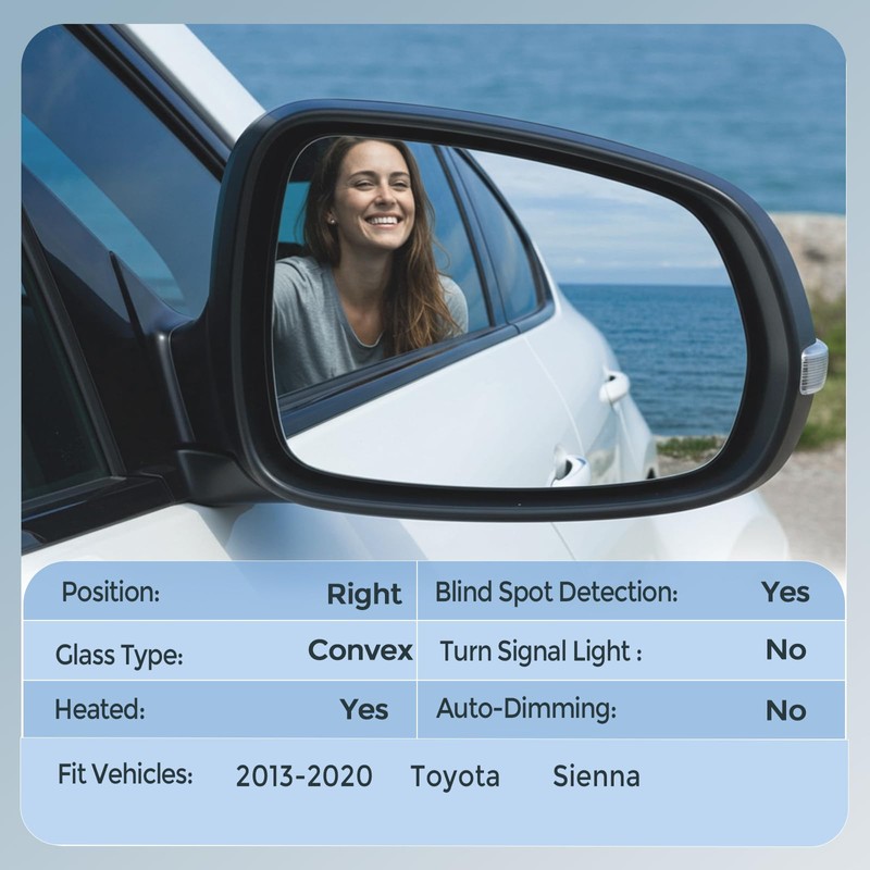 Passenger Side Mirror Glass Replacement for 2013-2020 Toyota Sienna, with