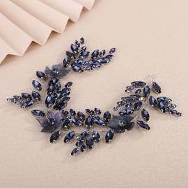 Teyglen Flower Crystal Wedding Headband Ink Blue Rhinestone Hair Vine for Bride Wedding Hair Accessories Bridal Headpiece for Women Hair Piece (Ink blue, Free size)