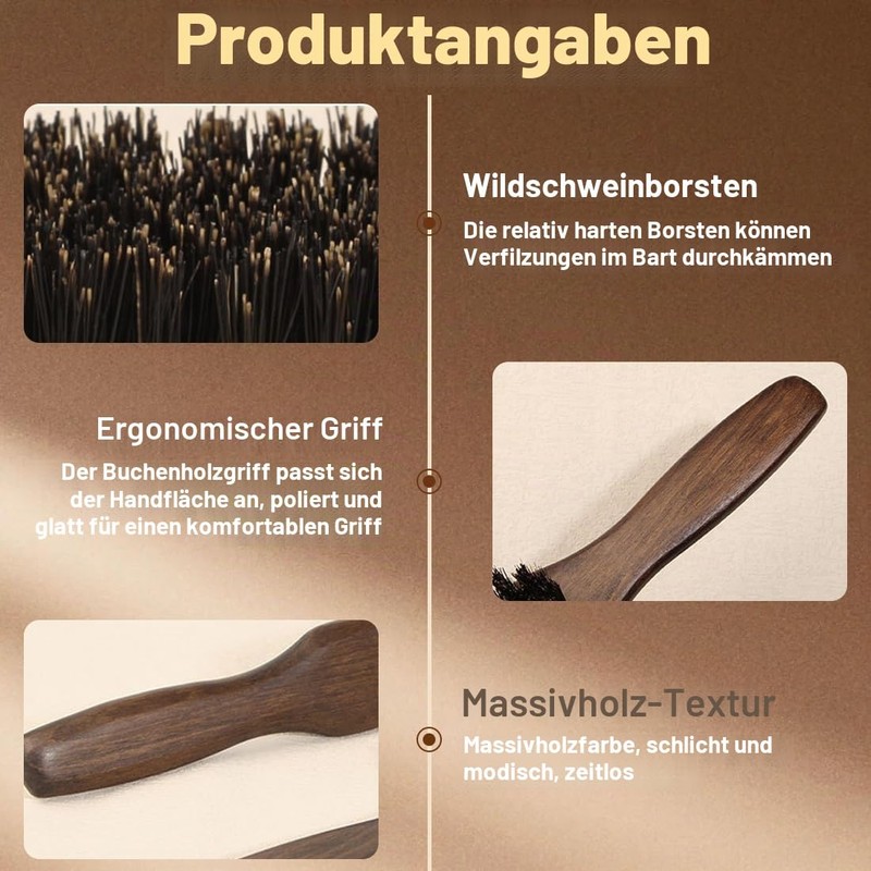 Boar Bristle Beard Brush, High-Quality Wooden Handle, Beard and Moustache