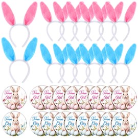 Wavwavw 48 Pcs Easter Gender Reveal Party Supplies Bunny Party Favors Gender Reveal Ideas Gender Reveal Games Supplies Black and Pink Bunny Ears Headbands Team Button Pins