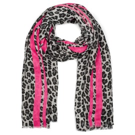 styleBREAKER women scarf with leopard print, coloured stripes and fringing, winter scarf, stole, shawl 01017082, Colour:Grey-Pink