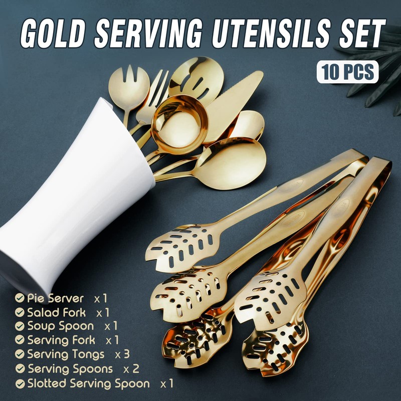 Gold Serving Utensils, OGORI 10-Piece Polished Stainless Steel Gold Serving