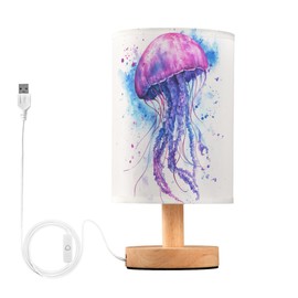 YYZZH Table Lamp Watercolor Painting Jellyfish Nightstand Lamp with Wood Base Fabric Lamp Shade Bedside Desk Lamp for Living Room Bedroom Kids Room Office