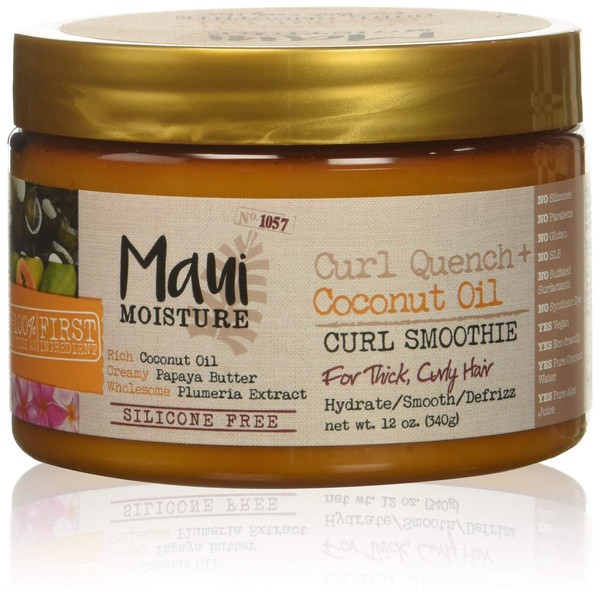 Maui Moisture Curl Quench + Coconut Oil Hydrating Curl Smoothie, Creamy Silicone-Free Styling Cream for Tight Curls, Braids, Twist-Outs & Wash-&-Go Styles, Vegan & Paraben-Free, 12 fl oz