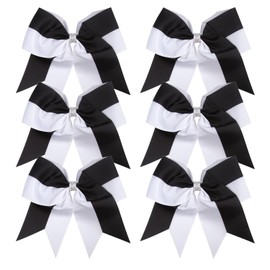 Cheerleader Bows 8 Inch Comb Color Ponytail Holder with Bling Fling Rhinestones Hair Tie Cheerleading Bows 6 Pcs (White/Black)