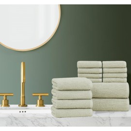 Brooklyn Loom Everyday Ribbed Sage 14 Piece Towel Set, Solid Textured, for Men and Women, Oeko-TEX Certified Confidence