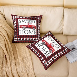 Rustic Farmhouse Throw Pillow Covers Watercolor Red Farm Truck Decor Cushion Covers for Teens Adults Vintage Red Black Plaid Western Style Cushion Cases for Living Room Couch 18x18 Inch Set of 2