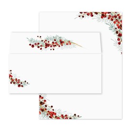 Pine And Berry Holiday Letterhead With Envelopes / 40 Decorative Sheets With Matching Full Color Envelopes / 8.5" x 11" Watercolor Christmas Evergreen Design/Festive Winter Stationery Paper