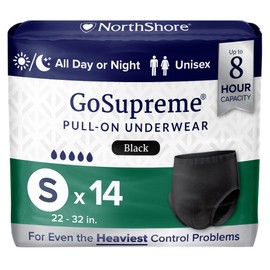 NorthShore GoSupreme Overnight Incontinence Underwear, 8-Hour Pullup Style, Small, 14 Count Bag, Black, 22-32 inches, Unisex Adult Diapers