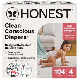 The Honest Company Clean Conscious Diapers for Delicate Skin Up to 100% Leakproof Hypoallergenic Fragrance-Free Baby Gender Neutral Prints Super Club Box Size 4 (22–37 lbs) 104
