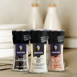 Morton Grinder Set - Himalayan Pink Salt (2.5 oz), Sea Salt (2.5 oz) & Black Peppercorn (1.2 oz), 3-Pack, Adjustable & Refillable Grinders, Perfect for Cooking, Seasoning, and Finishing