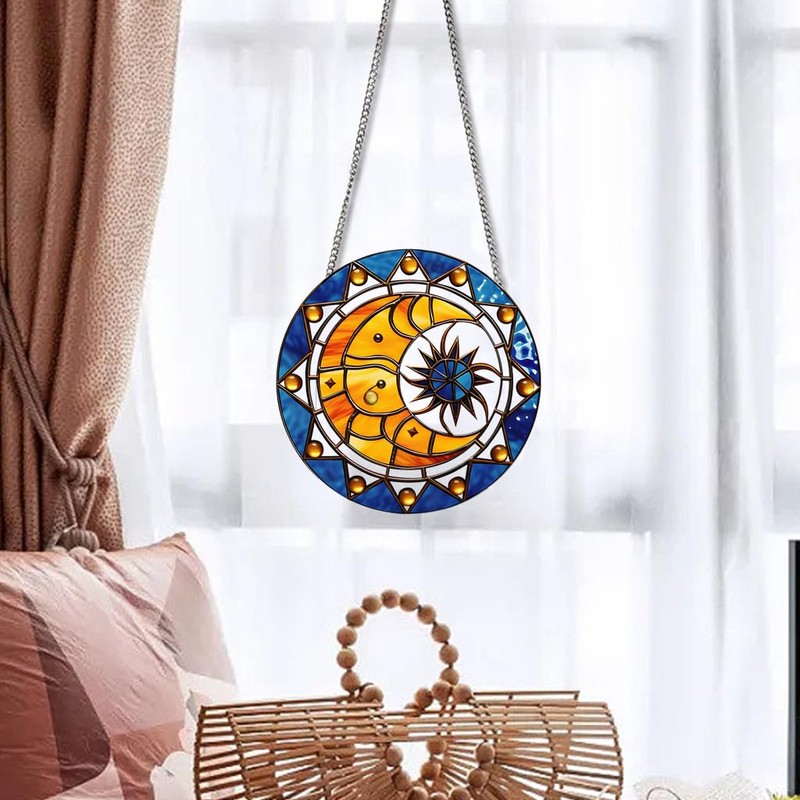 Sun and Moon Stained Window Hangings with Chain – Acrylic
