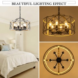 19.7" Farmhouse Dining Room Chandeliers, 6-Light Drum Chandelier for Bedroom Light Fixture, Modern Pendant Lights Kitchen Island Rustic Light Fixtures for Entryway Foyer Living Room, White Oak