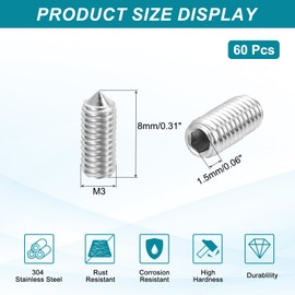MECCANIXITY 60 Pcs M3x8mm Cone Point Set Screws, 304 Stainless Steel Hex Socket Grub Screws for Bathroom Fixtures Repair Furniture DIY Project