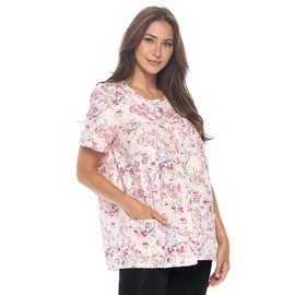 Casual Nights Women's Snap Front Smock Cobbler Woven Scrub Apron Top with Pockets - Pink Floral - 3X-Large