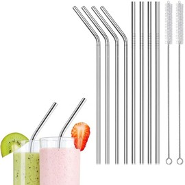 10PCS Stainless Steel Straws Bent Long Reusable Washable Metal Drinking Straw