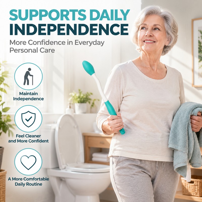 Long Handled Toilet Wiping Aid with Tissue Release Button, Ergonomic