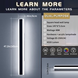 Mikeru 57inch Long Led Wall Light, 6000k Cool White Modern Outdoor Wall Light Ip65 Waterproof Black Acrylic Porch Exterior Lighting Fixtures, Exterior Wall Mount Lights for Garage Front Door