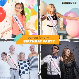 CORRURE Birthday Sash for Women - Soft Satin White Sash with Pink Foil - Happy Birthday Sash for 'Birthday Girl', Birthday Men', Sweet 16, 18th 21st 25th 30th 40th 50th or Any Other Bday Party