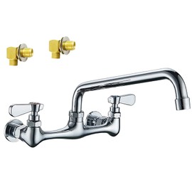 BWE Commercial Kitchen Sink Faucet 8 Inch Center with 8" Swivel Spout 2 Handles Backsplash Mounted Sink Faucets Chrome Wall Mount Heavy Duty Brass Utility Laundry Restaurant Mixer Tap