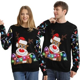 DDKJ Christmas Jumpers for Women Men UK,Light Up Christmas Jumper,Unisex Funny Novelty Reindeer Lights Flashing Ugly Christmas Sweater,Best Black Festive Tacky Rude Matching Xmas Sweaters for Couples