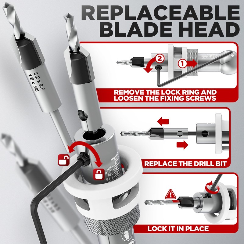 XDOVET Countersink Drill Bits Set Low Friction Depth Limiter with