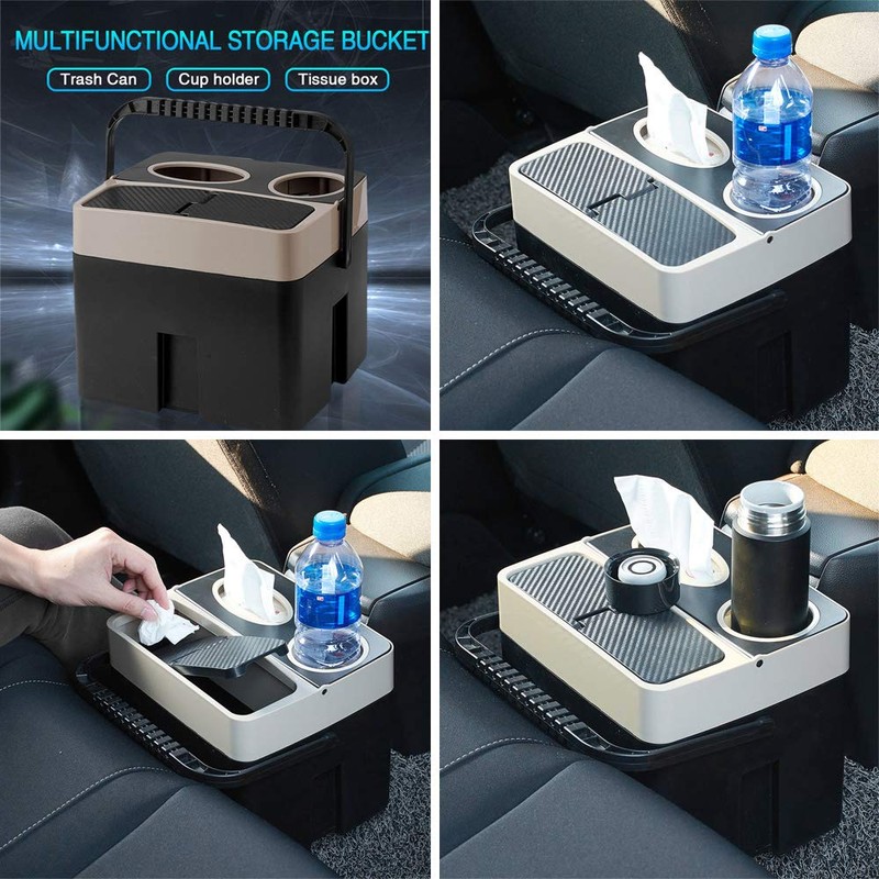 ATMOMO Beige Multi-function Storage Bucket Organizer Car Trash Can Cup