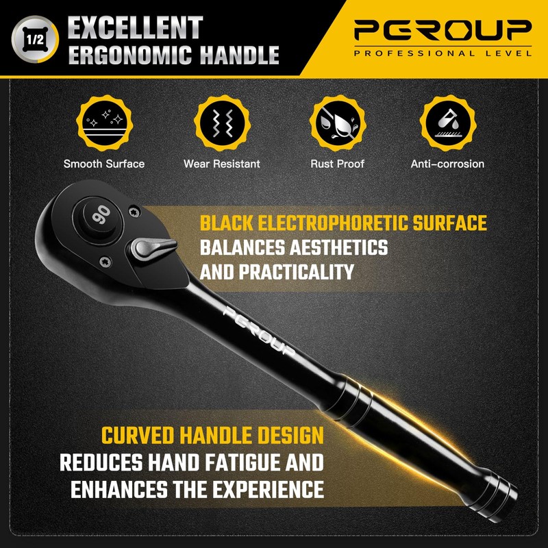 pgroup 1/2-Inch Drive Ratchet Wrench, 90 Tooth Reversible Ratchet, 4-Degree