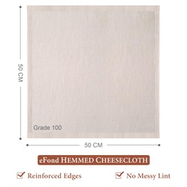 eFond Cheese Cloths for Straining | 50x50cm Squares with Hemmed Edges | Grade 100 Ultra Fine Reusable Muslin Cloths | Unbleached Cotton Cheesecloth | for Nut Milk, Butter, Baking & Cooking (8-Pack)