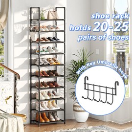 Simple Trending Tall Shoe Rack, 10 Tiers Shoe Organizer Storage Shelf with Hooks Holds 20 Pairs for Closet, Black