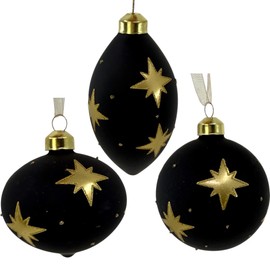 Black and Gold Star Ornaments - Blown Glass Holiday Christmas Tree Decorations, Set of 3
