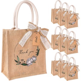 FOLIATE Jute Burlap Gift Bags - 10 Pack Burlap Tote Bag with Name Tag & Ribbon - Reusable Small Thank You Bags with Handles for Bridesmaid Totes, Shopping, DIY Wedding Tote Bags Bulk, 10.5"x9.5"x5"