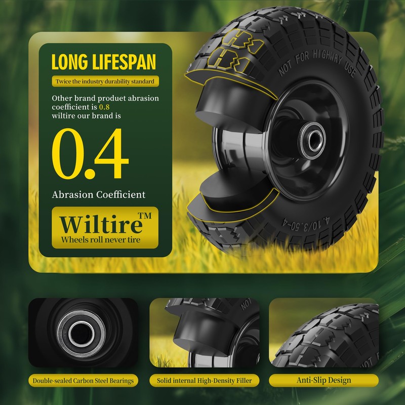 Wiltire (2 Pack) 4.10/3.50-4 Flat Free Tire and Wheel 10-Inch