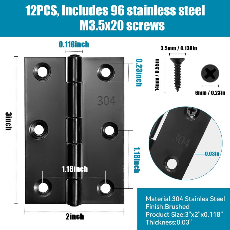 Black Door Hinges 3 Inch – 12 Pack Interior Hinges