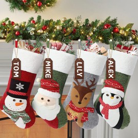 bolukets Christmas Stockings 4 Pack, 19.2 inches 3D Reindeer/Snowman/Penguin/Santa Claus Classic Felt Xmas Stocking for Family Holiday Christmas Party Decorations