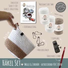 HÄKEL LIESE Crochet Set for Beginners - Large Basket, Crochet Set Beginners, Decorative Basket, Cotton Yarn for Crocheting, Crochet Set, Baskets Crochet, DIY Set Adults, Crochet Set, Learn to Crochet